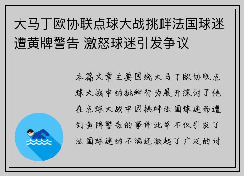 大马丁欧协联点球大战挑衅法国球迷遭黄牌警告 激怒球迷引发争议